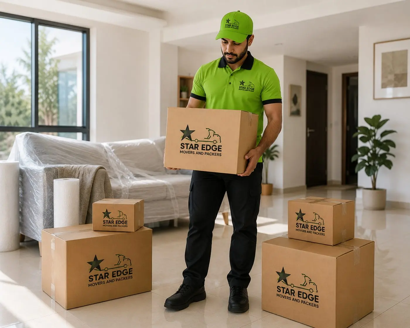 Star Edge mover carrying a labelled box beside plastic-wrapped furniture, prepared for a Dubai to Abu Dhabi move