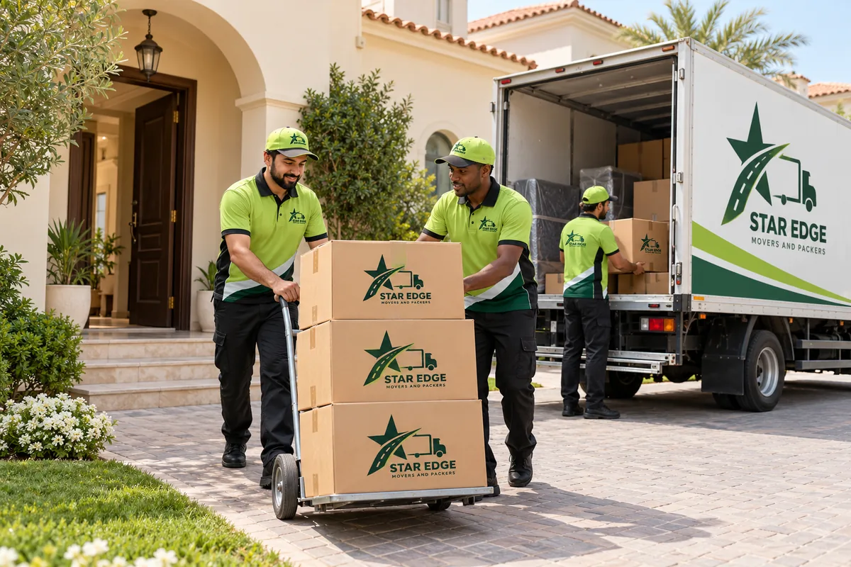 Movers handling branded boxes beside a Star Edge truck