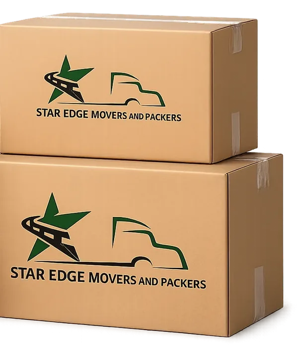 Star Edge branded moving boxes Star Edge Movers branded moving boxes in several sizes, supplied as part of the packing service