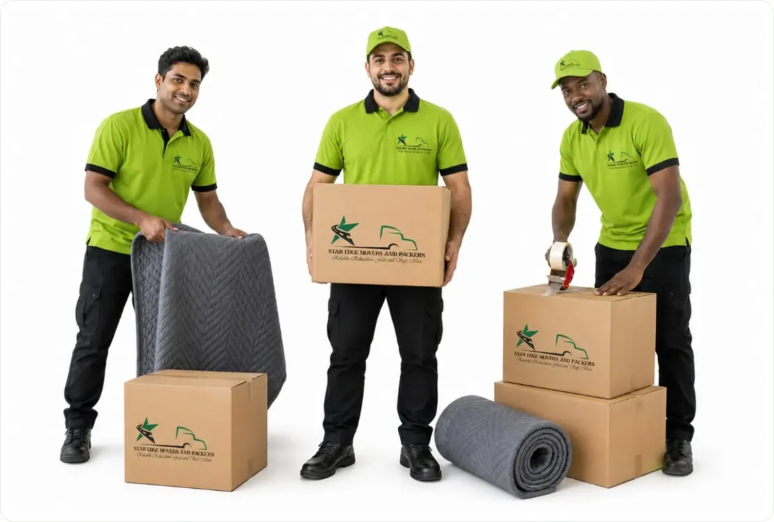 Star Edge Movers and Packers uniformed crew with moving boxes and protective blankets