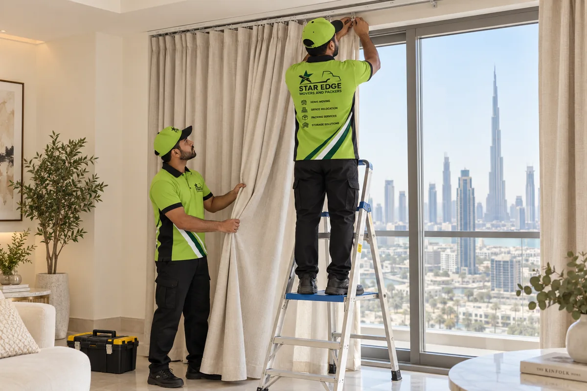 Two Star Edge movers in branded green uniforms fitting a curtain track and hanging curtains in a Dubai apartment, city skyline visible through the window