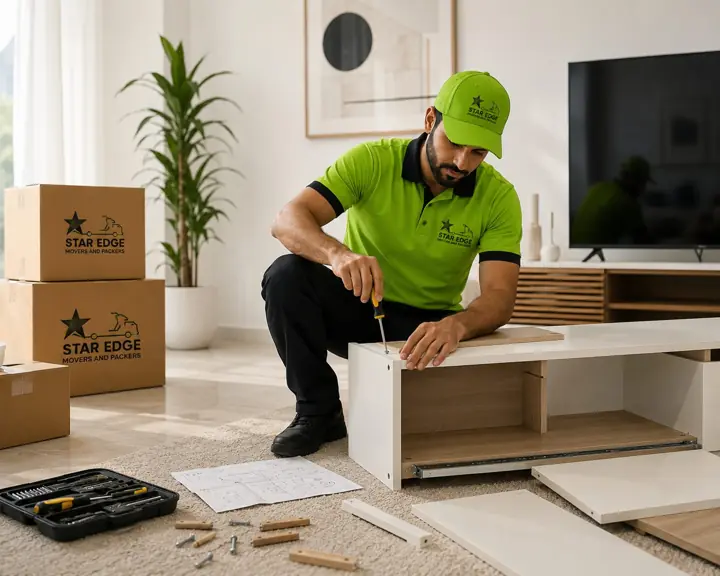Star Edge technician assembling a TV unit with tools and fittings during furniture installation in Dubai
