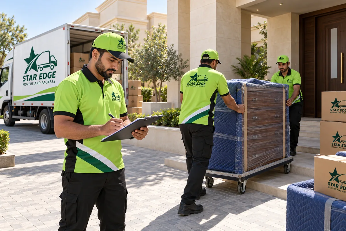 A mover checking an inventory while wrapped furniture is handled