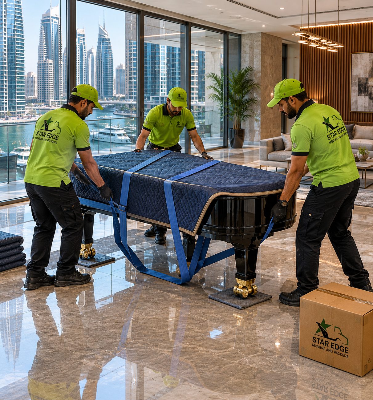 Star Edge Movers crew carefully handling protected furniture inside a Dubai Marina apartment