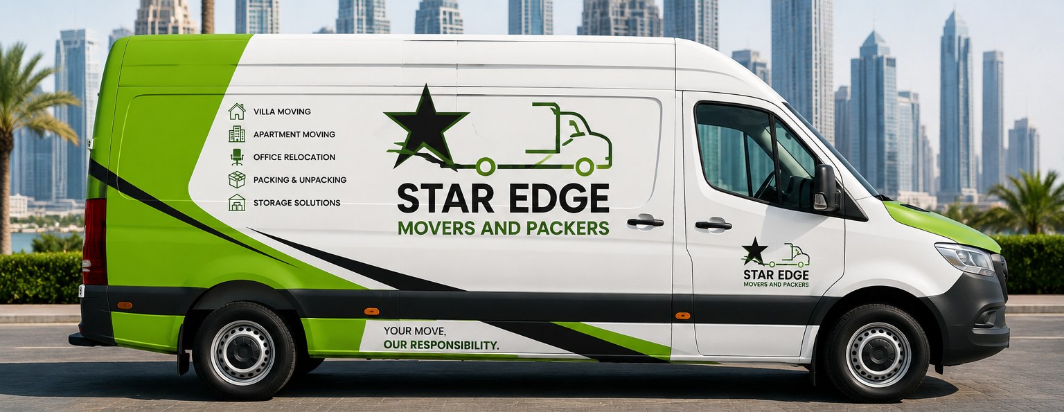 Star Edge Movers and Packers branded van in front of the Dubai skyline