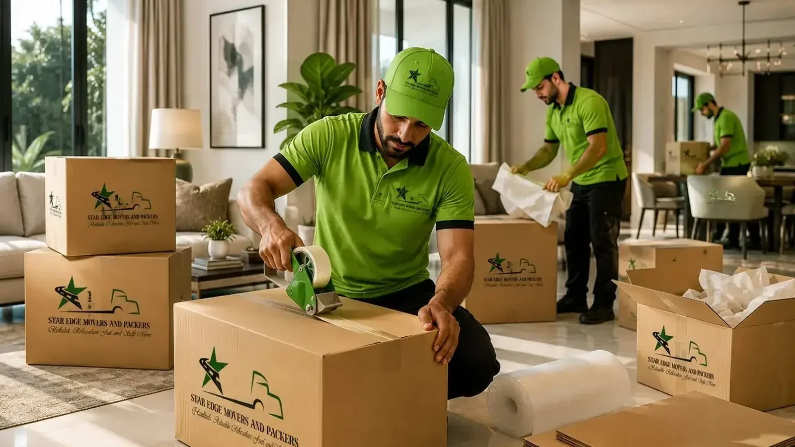 Star Edge packers wrapping and boxing belongings in a Dubai home, a key factor in moving cost