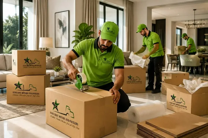 Star Edge team packing and taping branded boxes in a Dubai home
