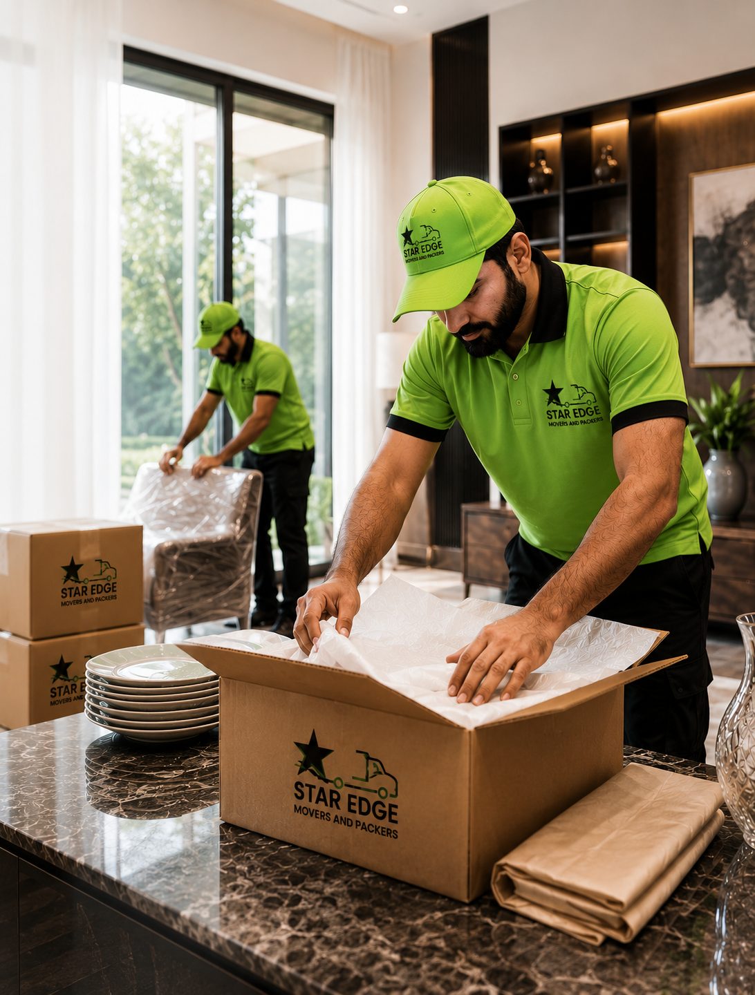 Star Edge Movers packer carefully wrapping plates in protective paper inside branded boxes in a Dubai home