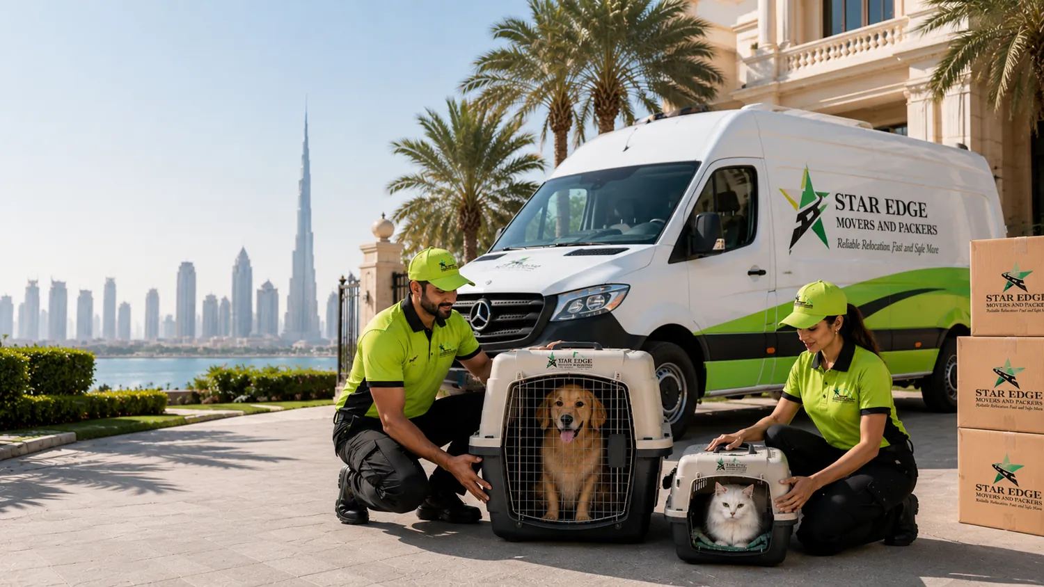 Star Edge Movers crew with a golden retriever and cat in travel crates beside a branded van, with the Burj Khalifa in the background