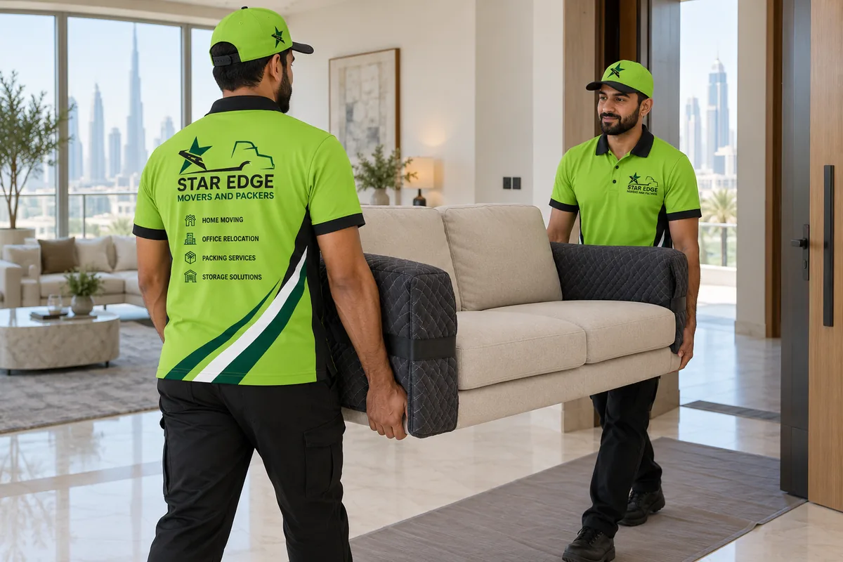 Star Edge movers in branded green uniforms wrapping a sofa in protective blankets in a Dubai apartment, city skyline visible through the window