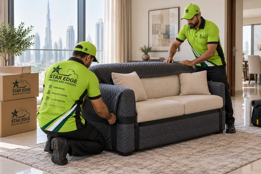 Two Star Edge movers in branded green uniforms carrying a wrapped sofa through a Dubai apartment