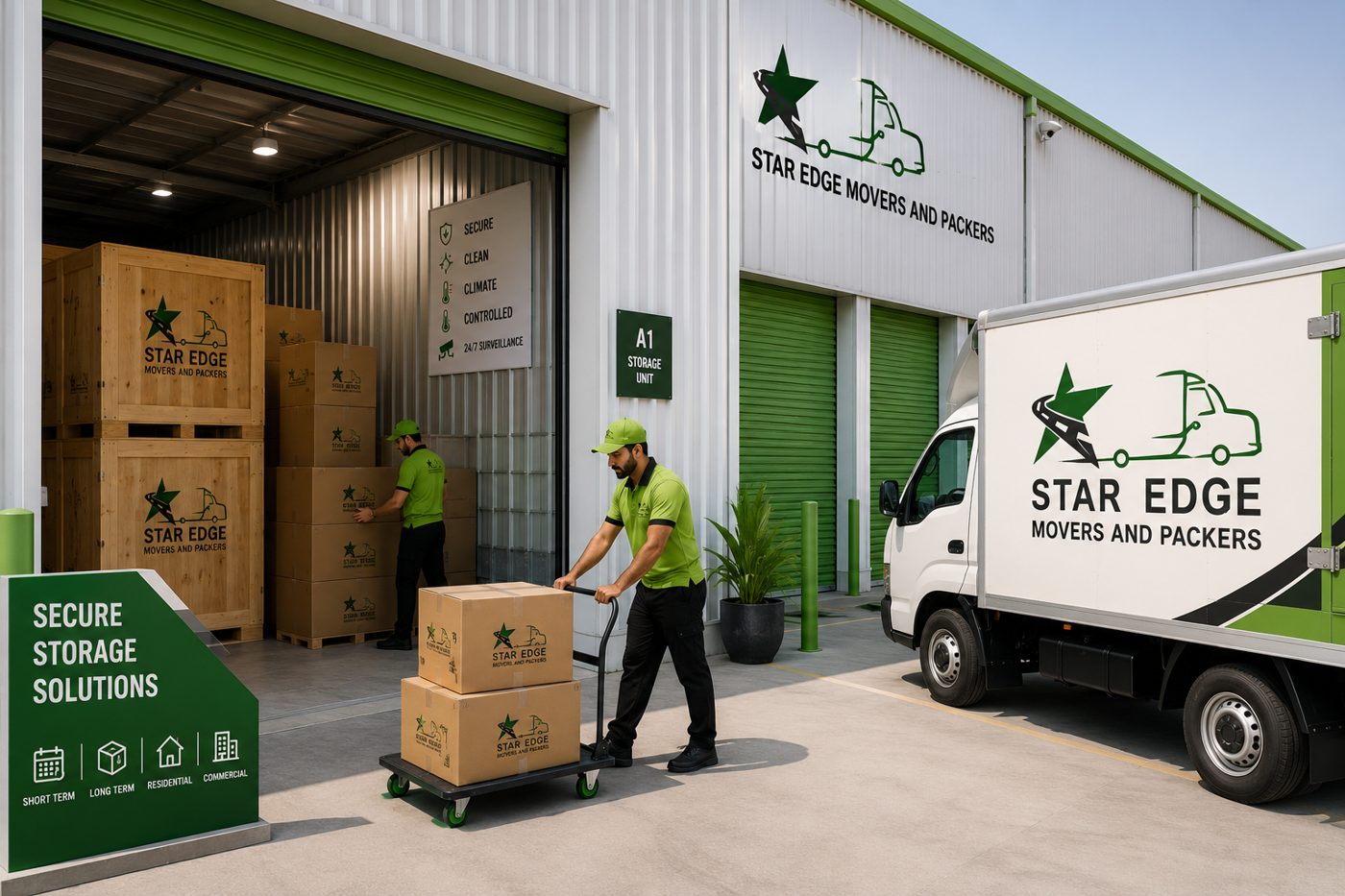 Star Edge Movers secure storage facility in Dubai with crew loading labelled boxes and wooden crates from a branded truck