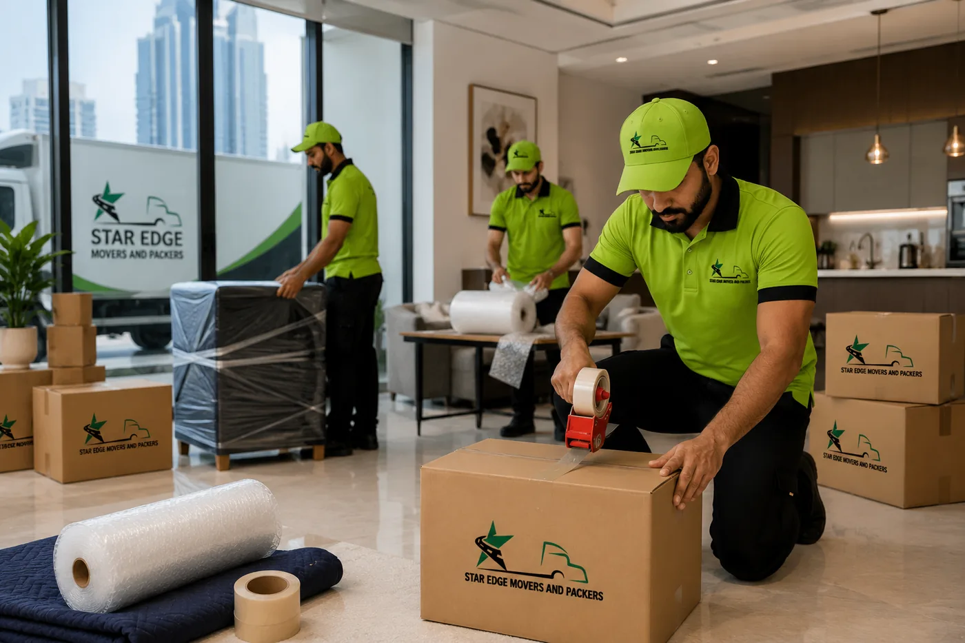 Star Edge Movers team packing and wrapping furniture inside an Al Furjan apartment