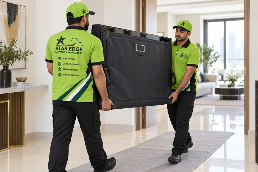 Two Star Edge movers in branded green uniforms carrying a padded TV case through a Dubai home