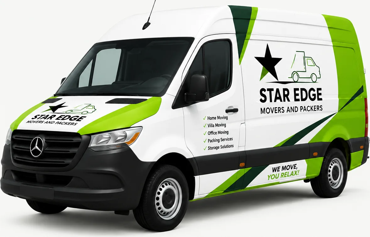 Star Edge Movers and Packers Mercedes van with moving boxes