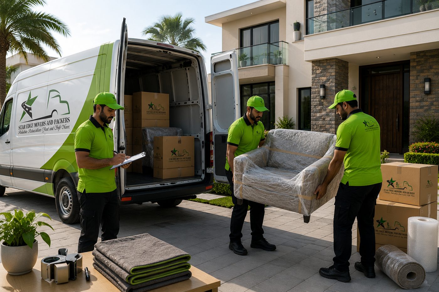 Star Edge Movers crew loading wrapped furniture into a branded van outside a Dubai villa