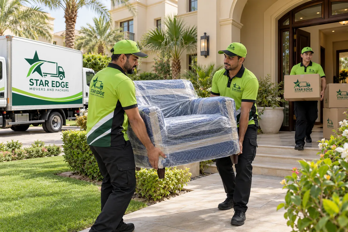Movers carrying a protected armchair beside a Star Edge truck