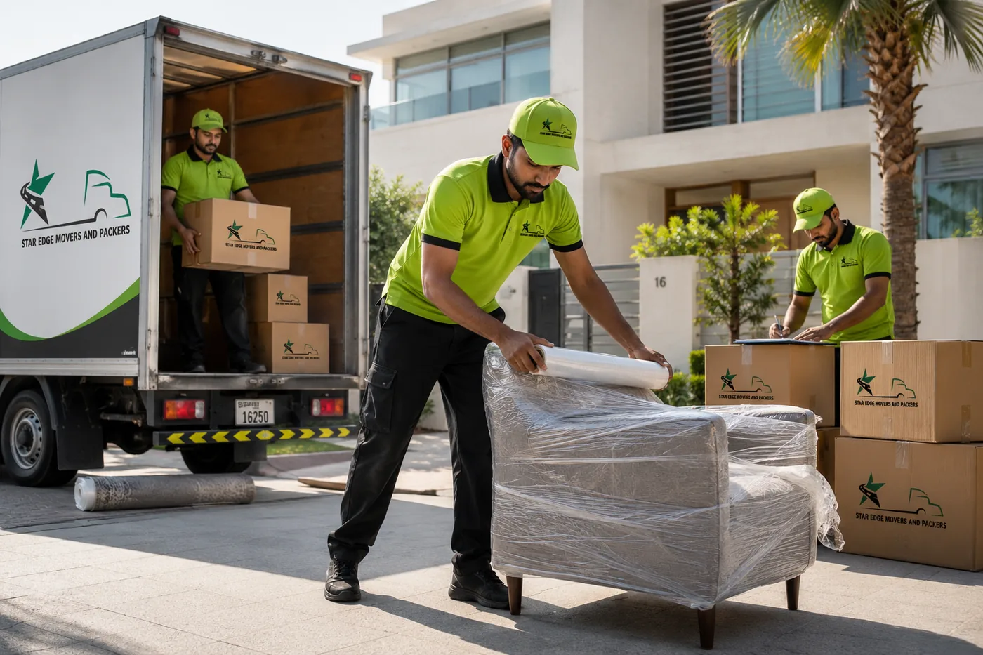Star Edge Movers crew shrink-wrapping an armchair outside a modern Dubai villa with inventory checklist