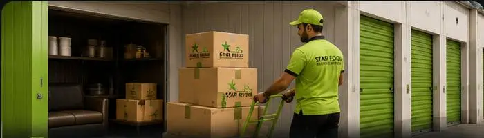 Mover with trolley of boxes at secure green storage units