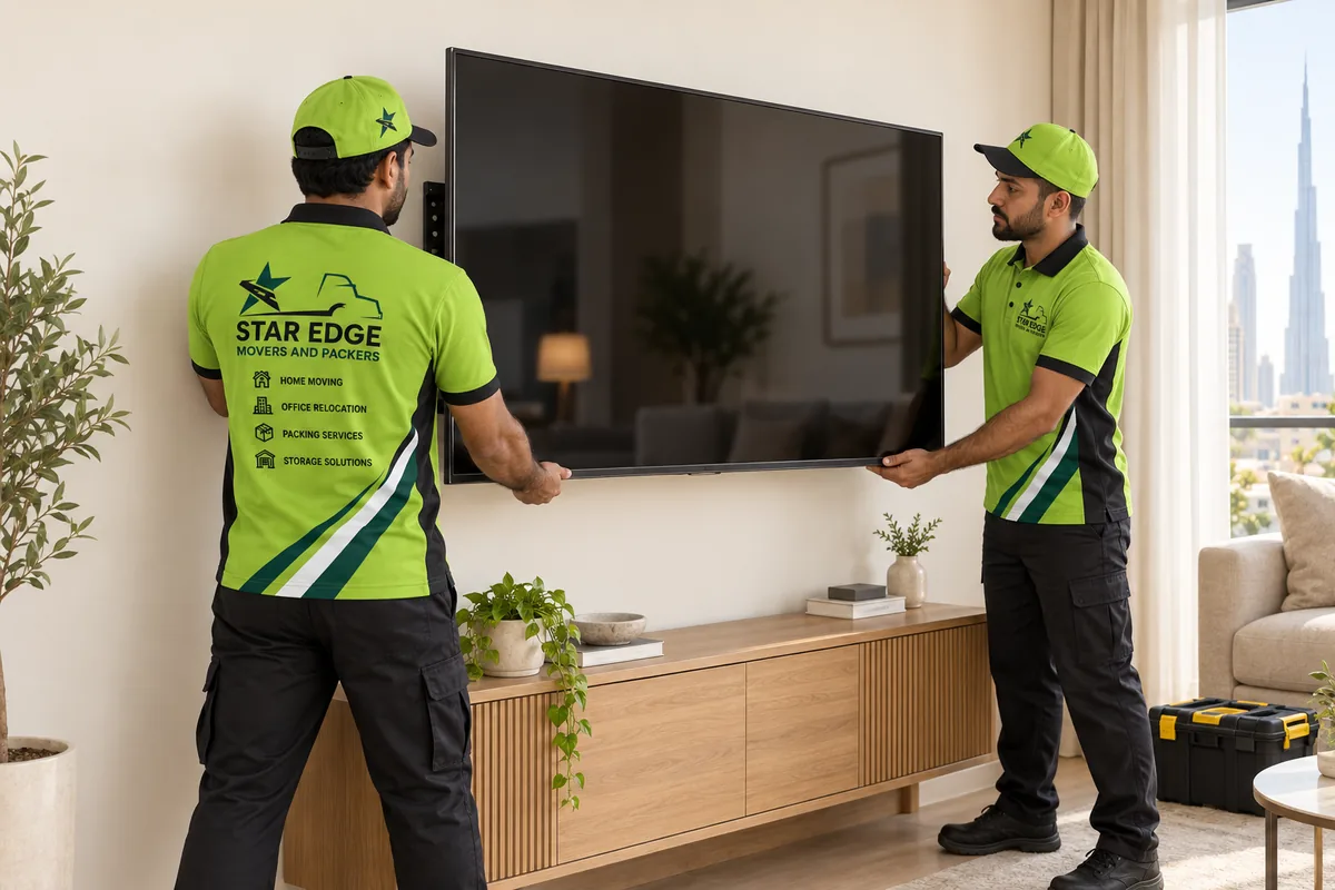 Illustration of Star Edge technicians mounting a television on a living room wall.