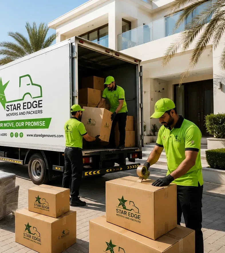 Star Edge Movers crew unloading a branded truck at a Dubai villa