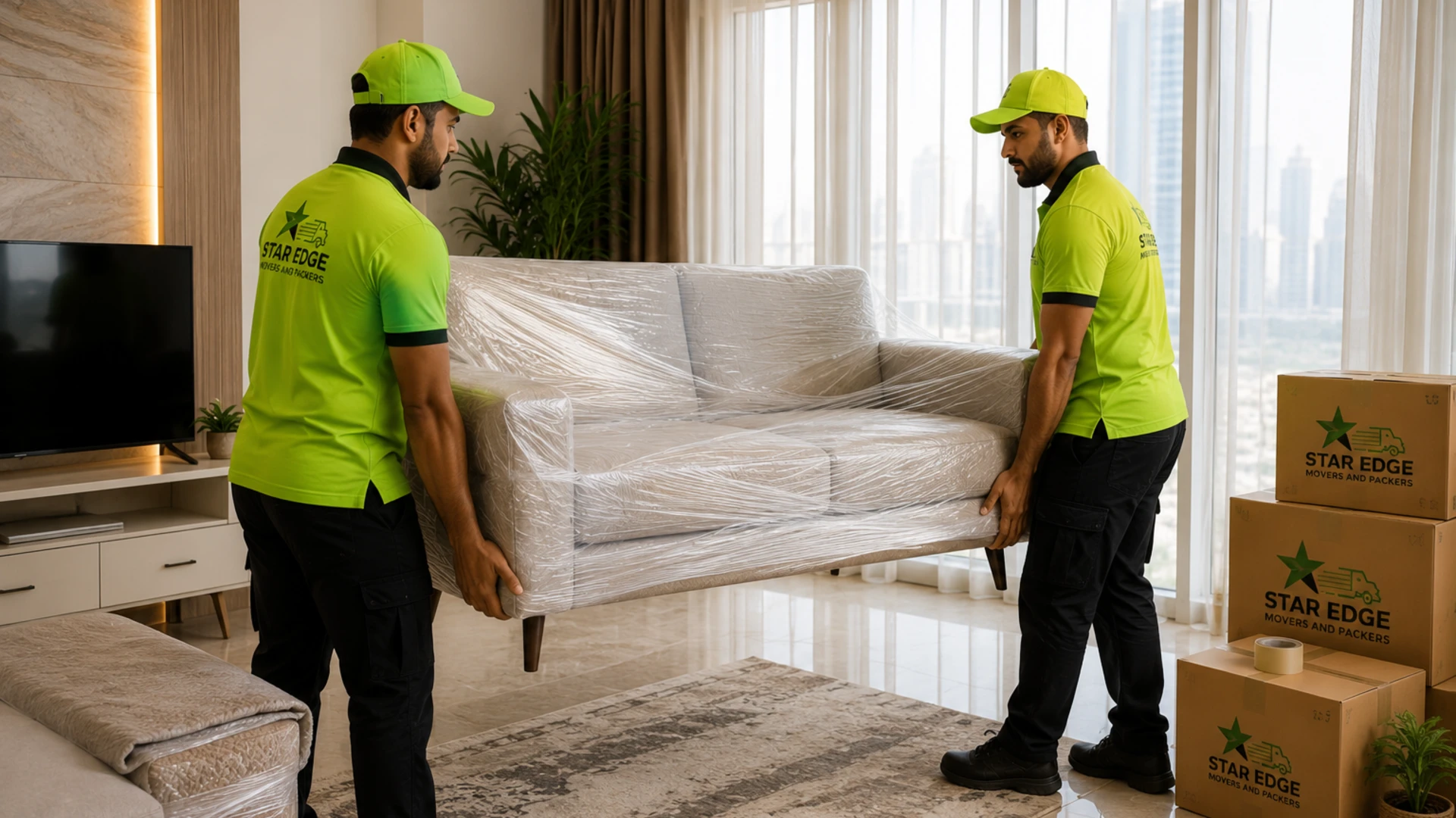 Star Edge movers carrying a plastic-wrapped sofa in a Dubai apartment