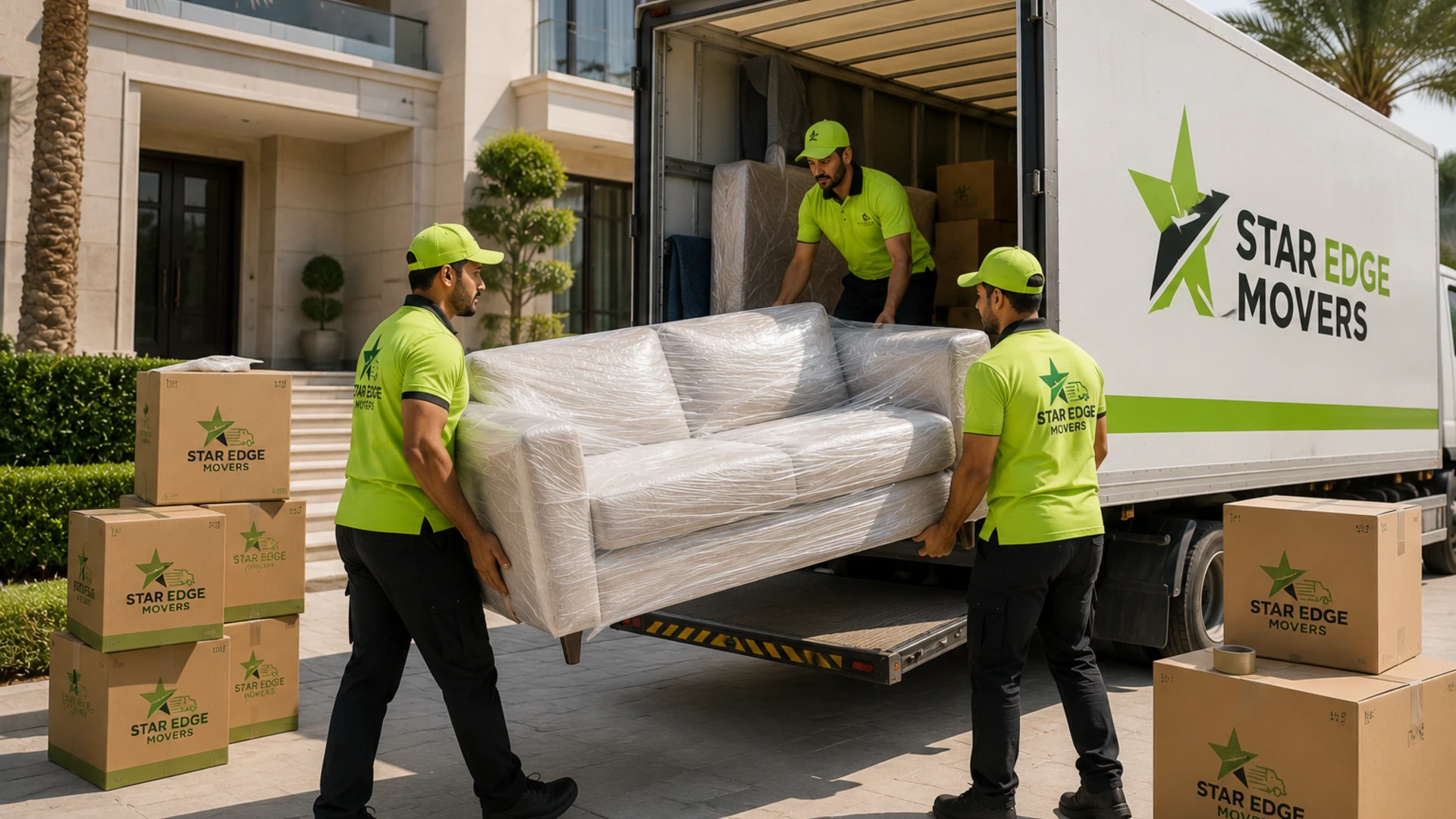 Star Edge crew unloading a wrapped sofa from a branded truck at a Dubai luxury villa