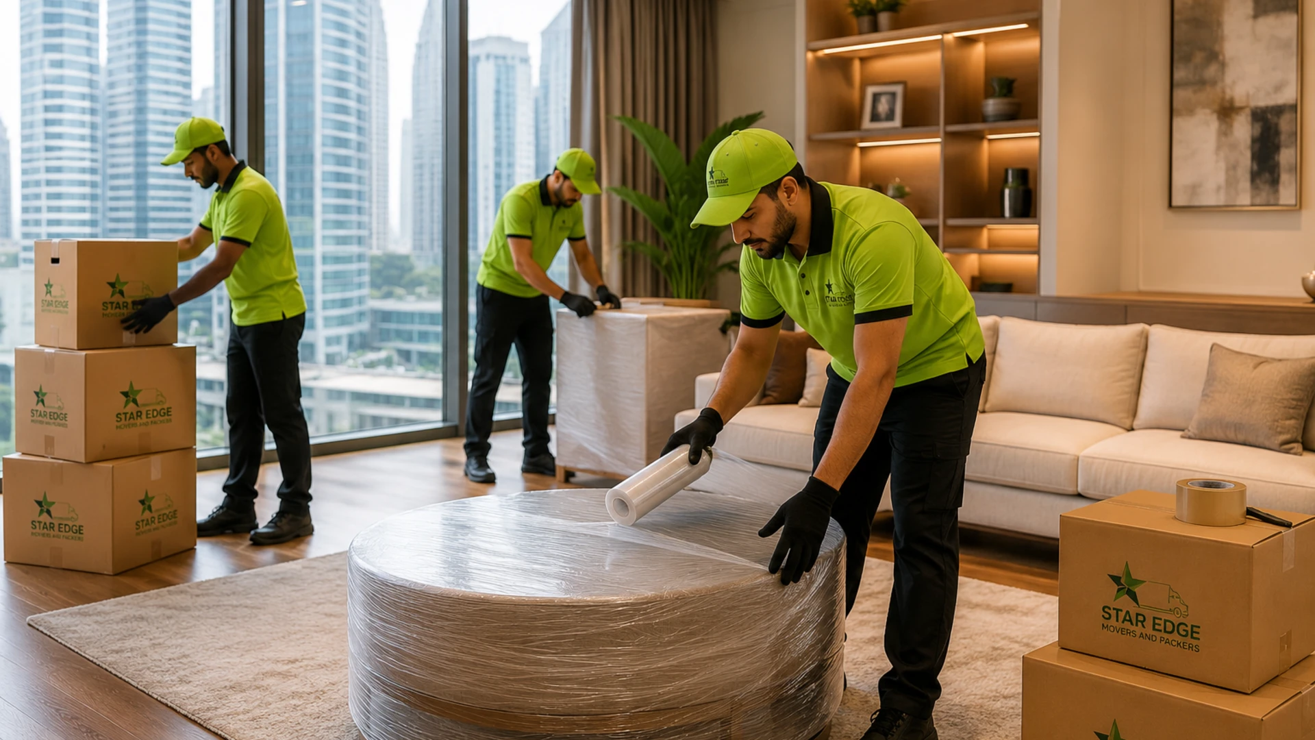 Star Edge Movers crew wrapping furniture in a Dubai apartment